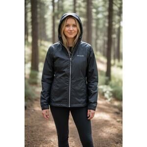 Columbia Jacket Womens L Black Hooded Full Zip Windbreaker Lightweight Hiking